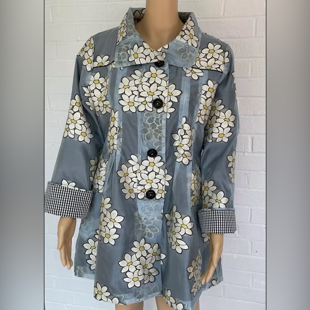 Floral Button-Up Coat with Gingham Cuffs